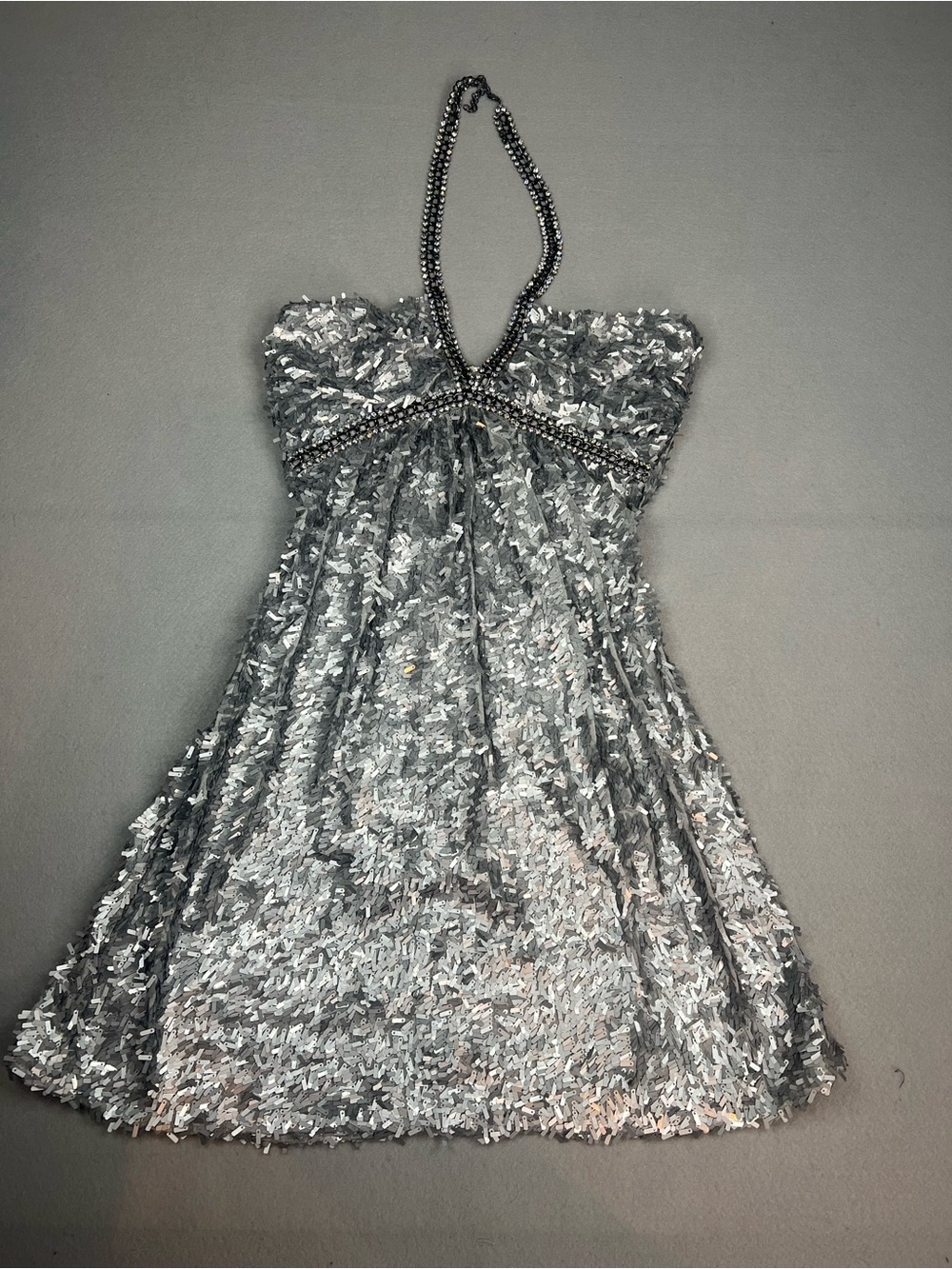 Sky vintage sequin mini dress metal and rhinestone halter silver size large